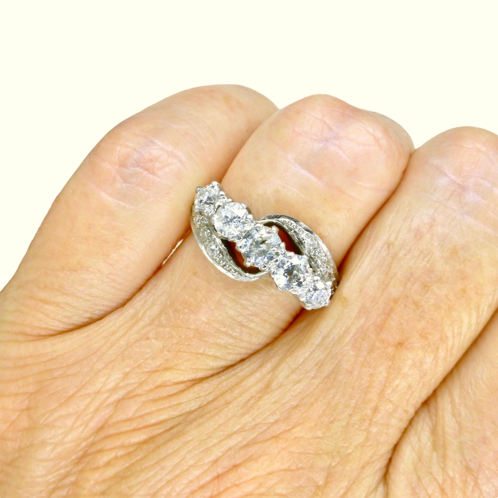 Vintage 18ct white gold old cut diamond five stone bypass ring 1.05ct c1950's