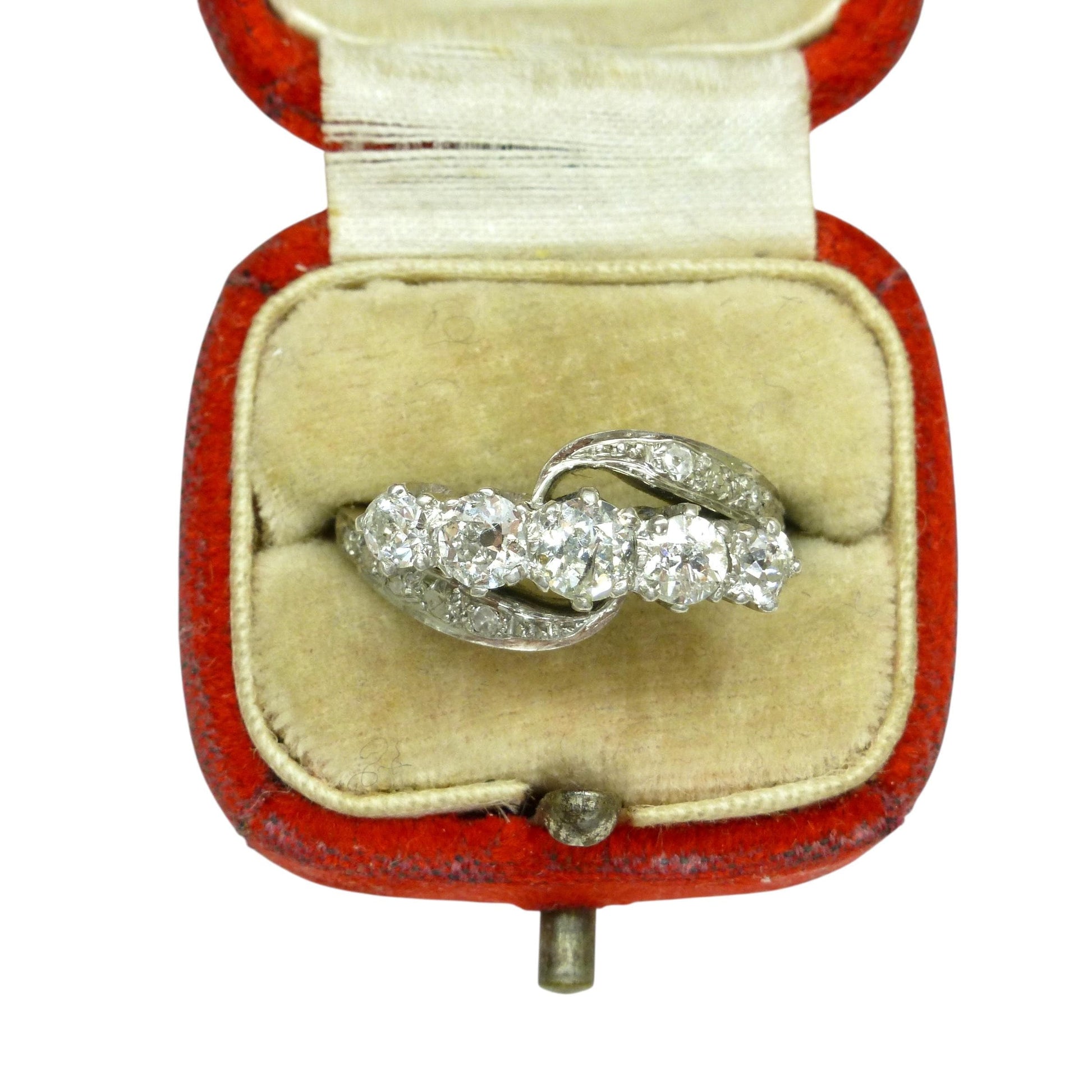 Vintage 18ct white gold old cut diamond five stone bypass ring 1.05ct c1950's