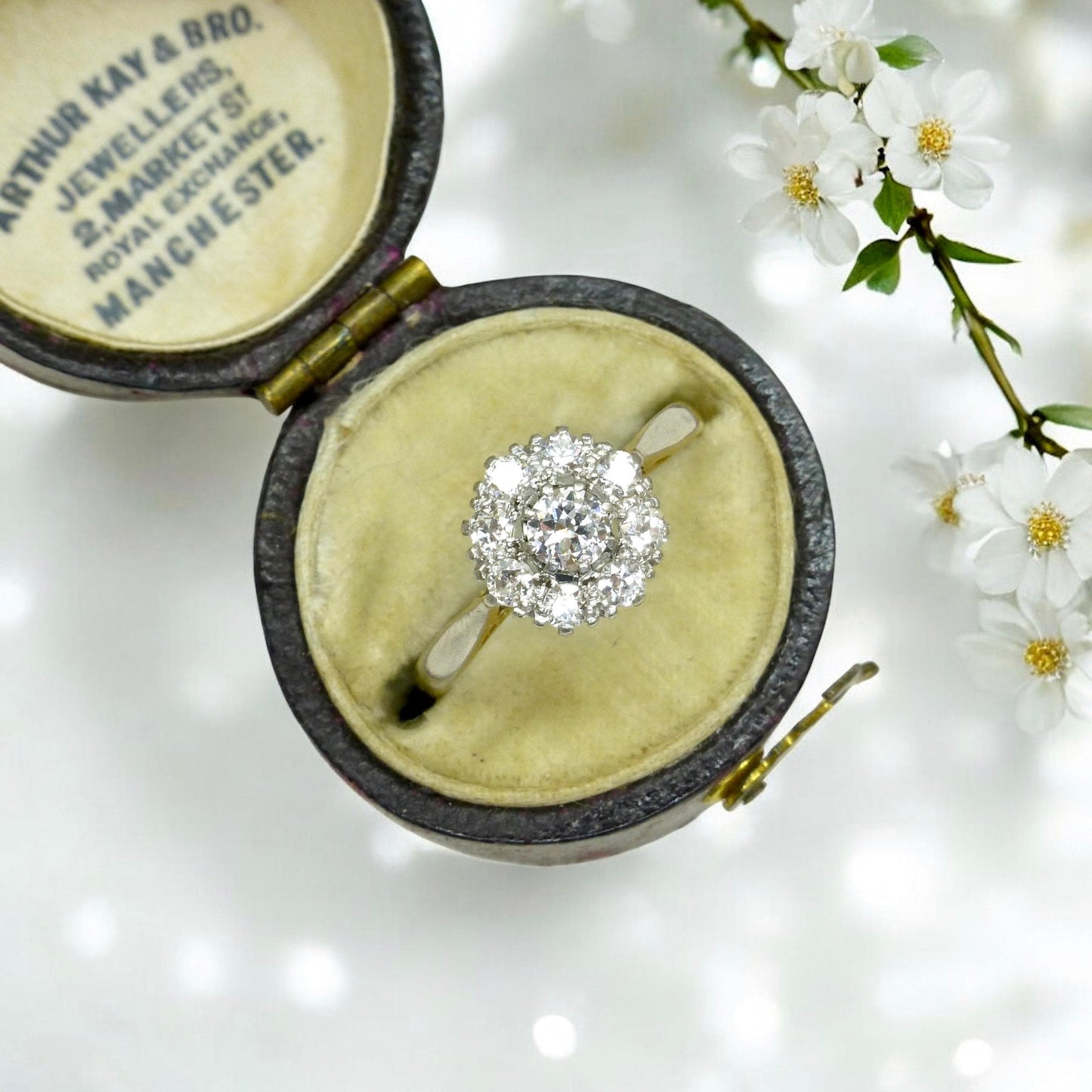 Antique 18ct Platinum old cut diamond halo cluster ring 0.75ct