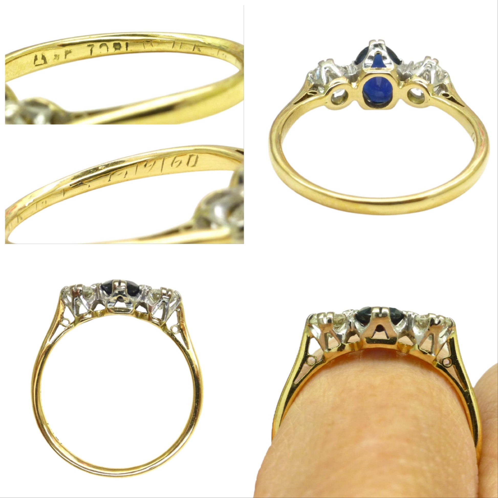 Vintage 18ct Platinum sapphire & diamond trilogy ring 1960