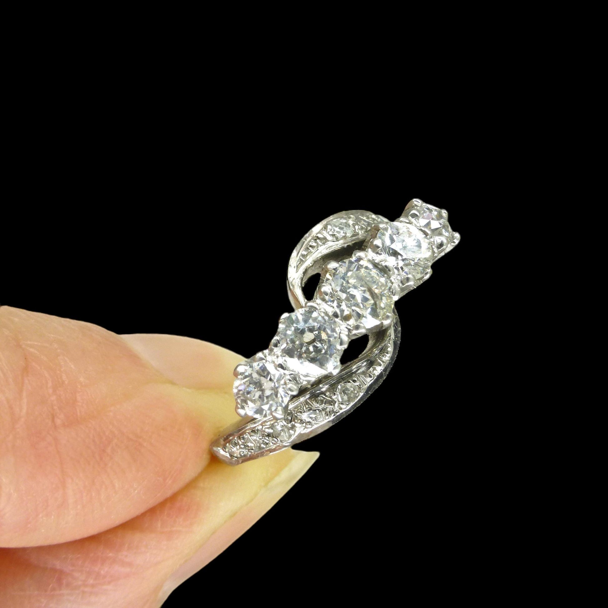 Vintage 18ct white gold old cut diamond five stone bypass ring 1.05ct c1950's