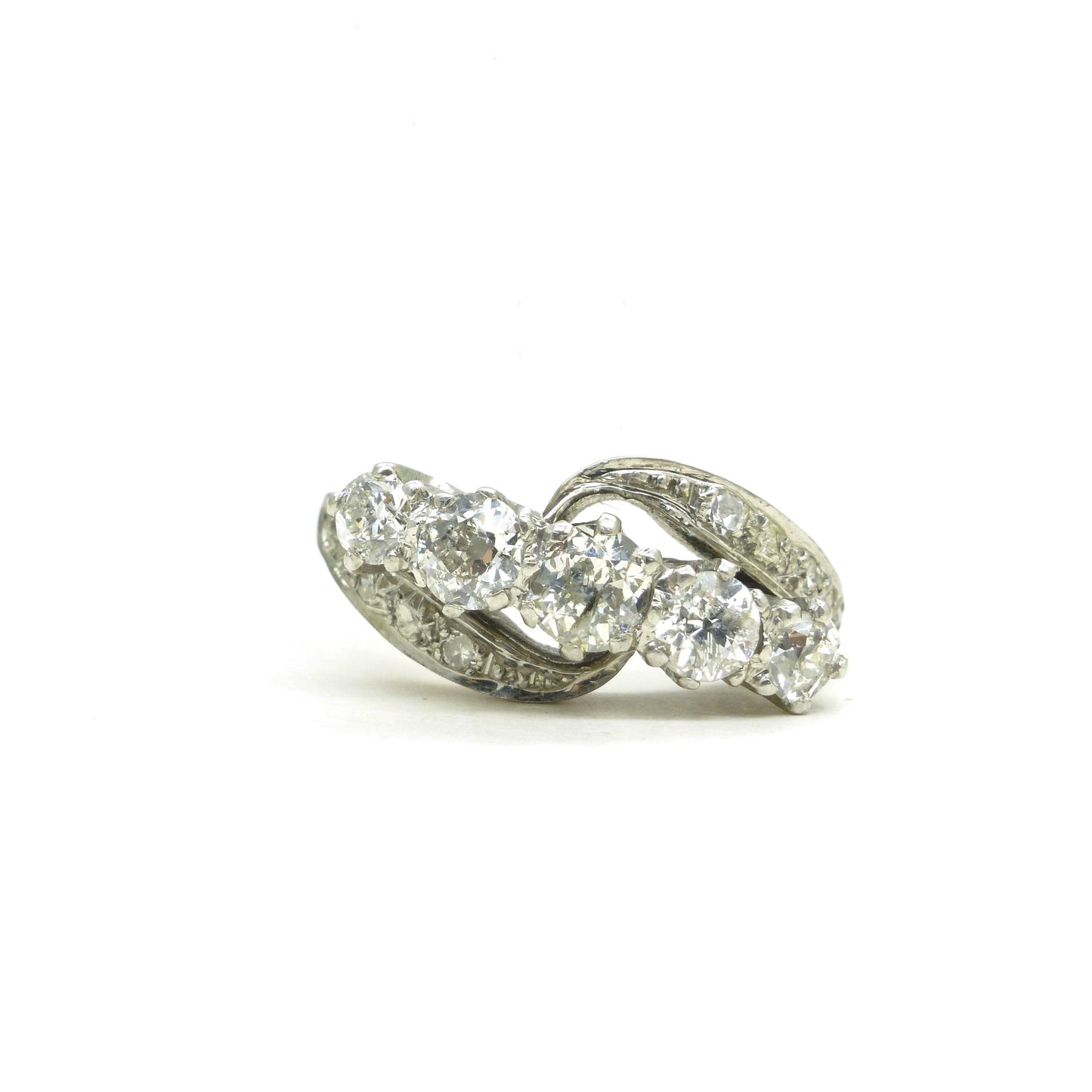 Vintage 18ct white gold old cut diamond five stone bypass ring 1.05ct c1950's
