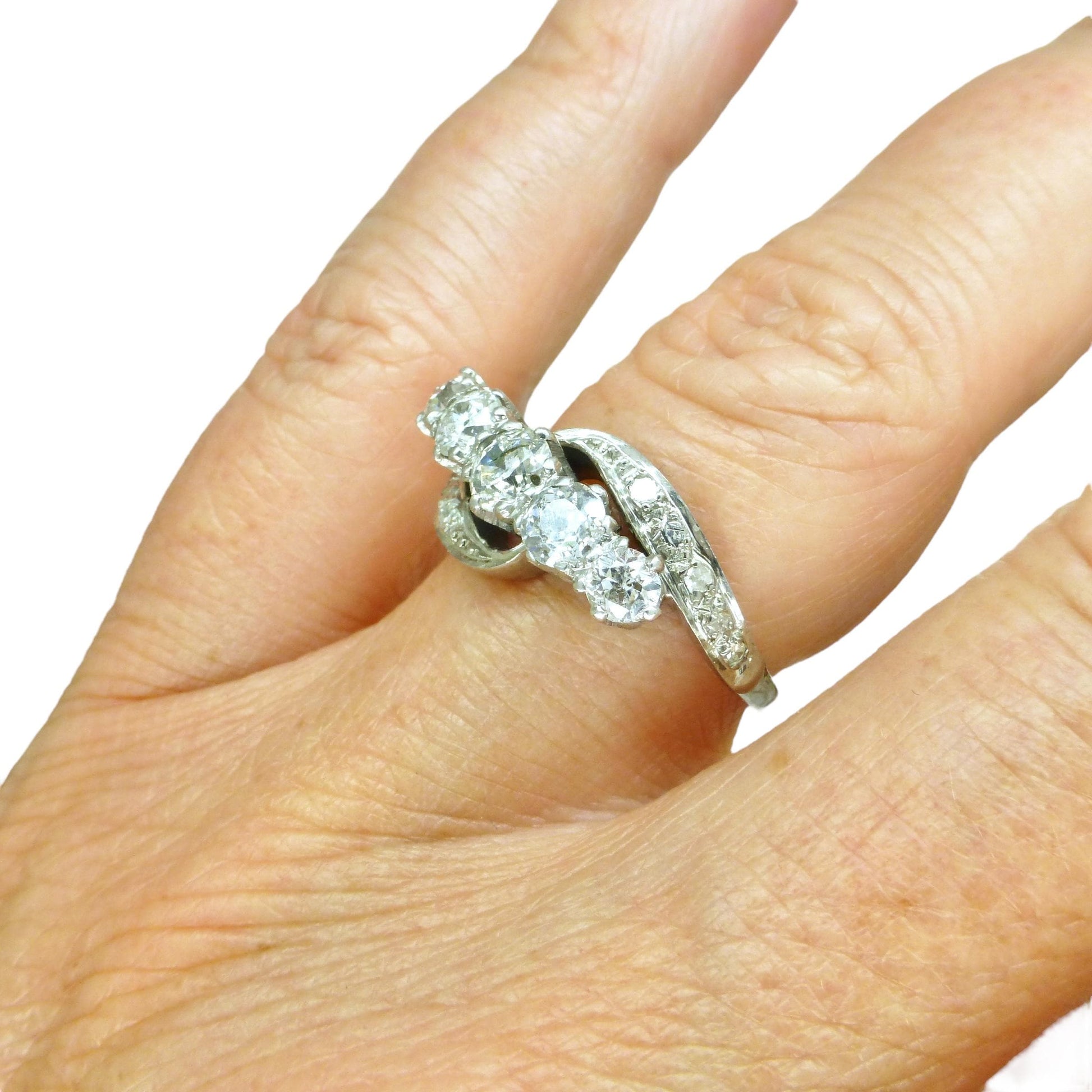 Vintage 18ct white gold old cut diamond five stone bypass ring 1.05ct c1950's