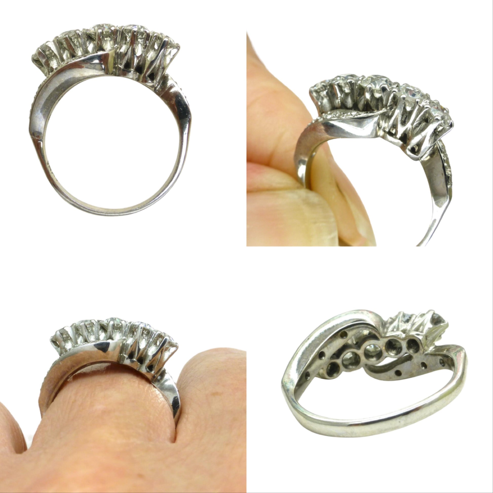 Vintage 18ct white gold old cut diamond five stone bypass ring 1.05ct c1950's