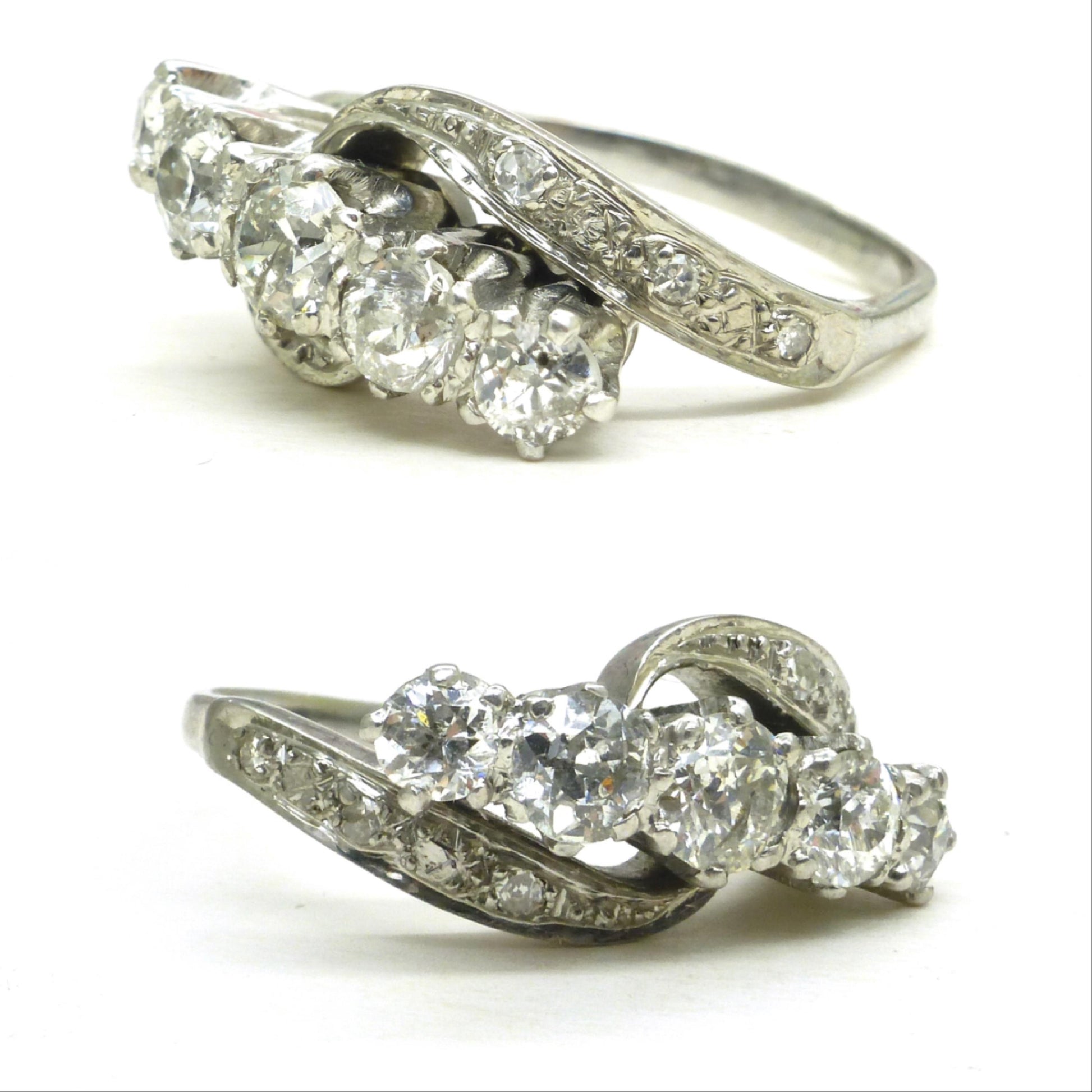 Vintage 18ct white gold old cut diamond five stone bypass ring 1.05ct c1950's