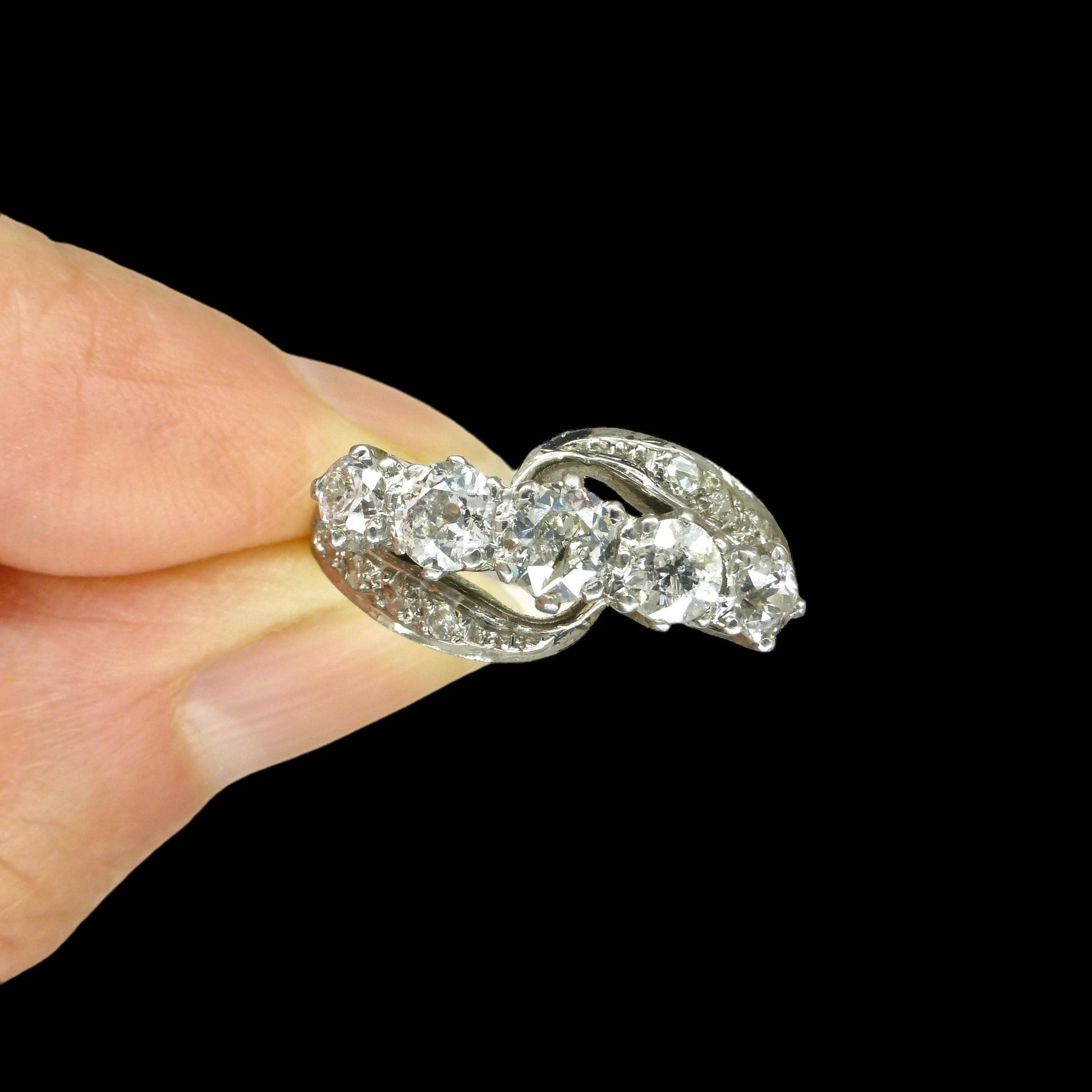 Vintage 18ct white gold old cut diamond five stone bypass ring 1.05ct c1950's