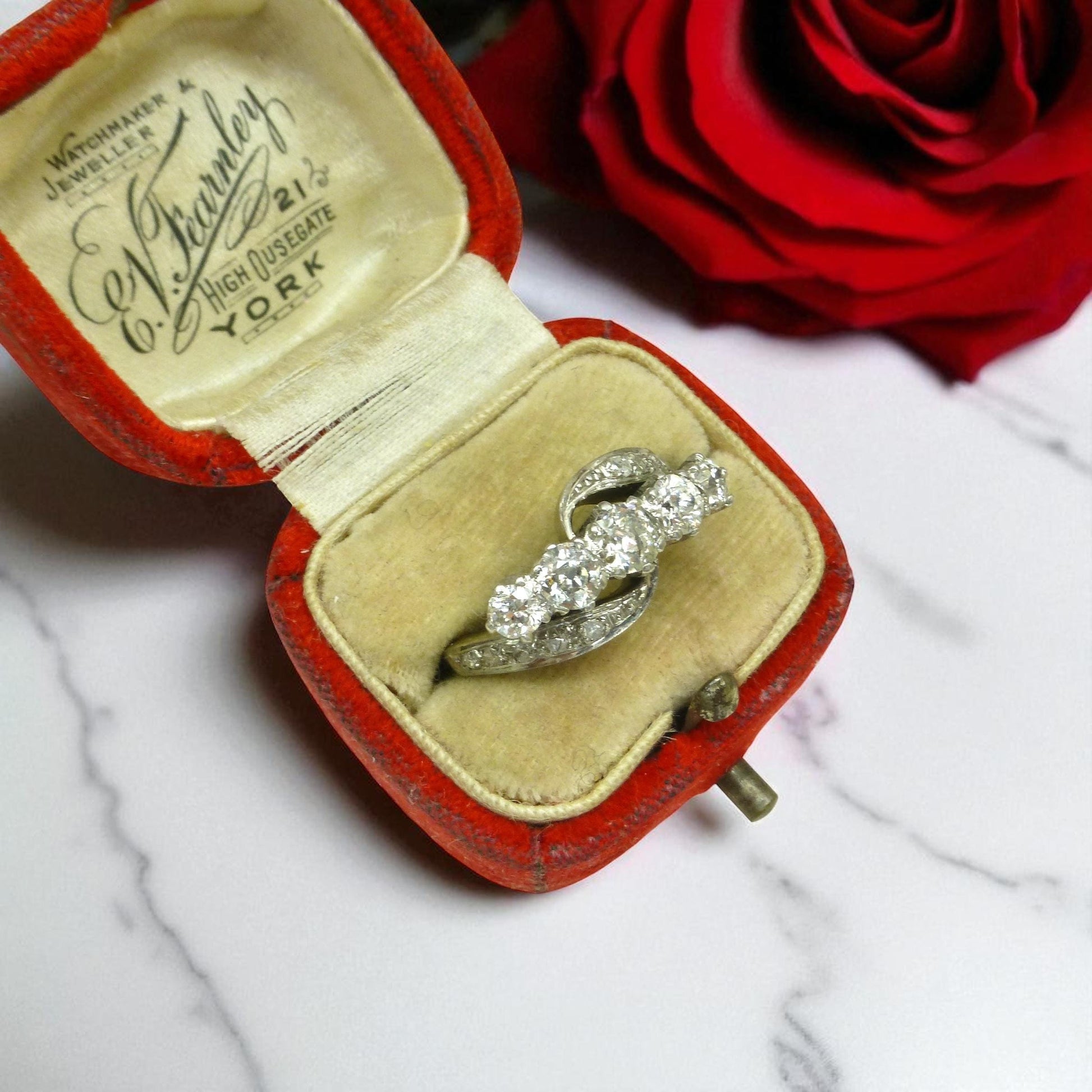 Vintage 18ct white gold old cut diamond five stone bypass ring 1.05ct c1950's