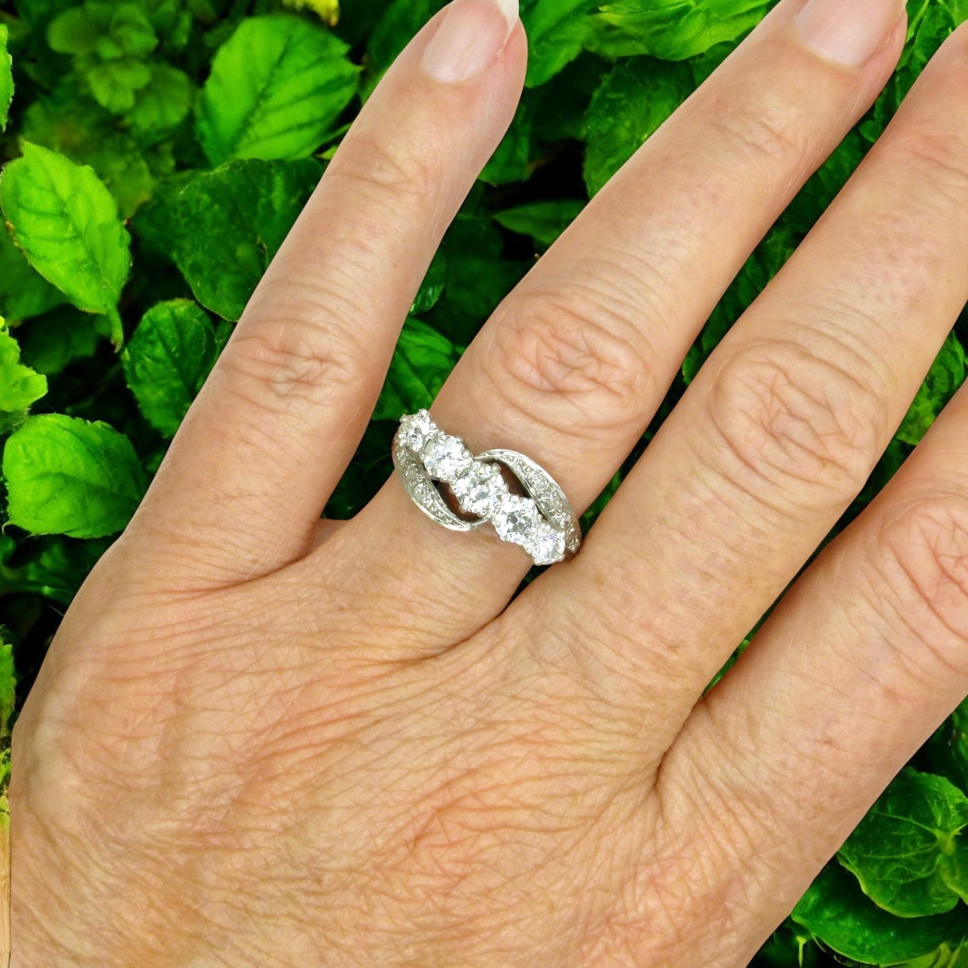 Vintage 18ct white gold old cut diamond five stone bypass ring 1.05ct c1950's