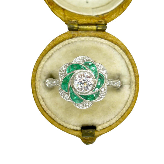 Art Deco style Platinum Emerald & Diamond flower cluster halo ring