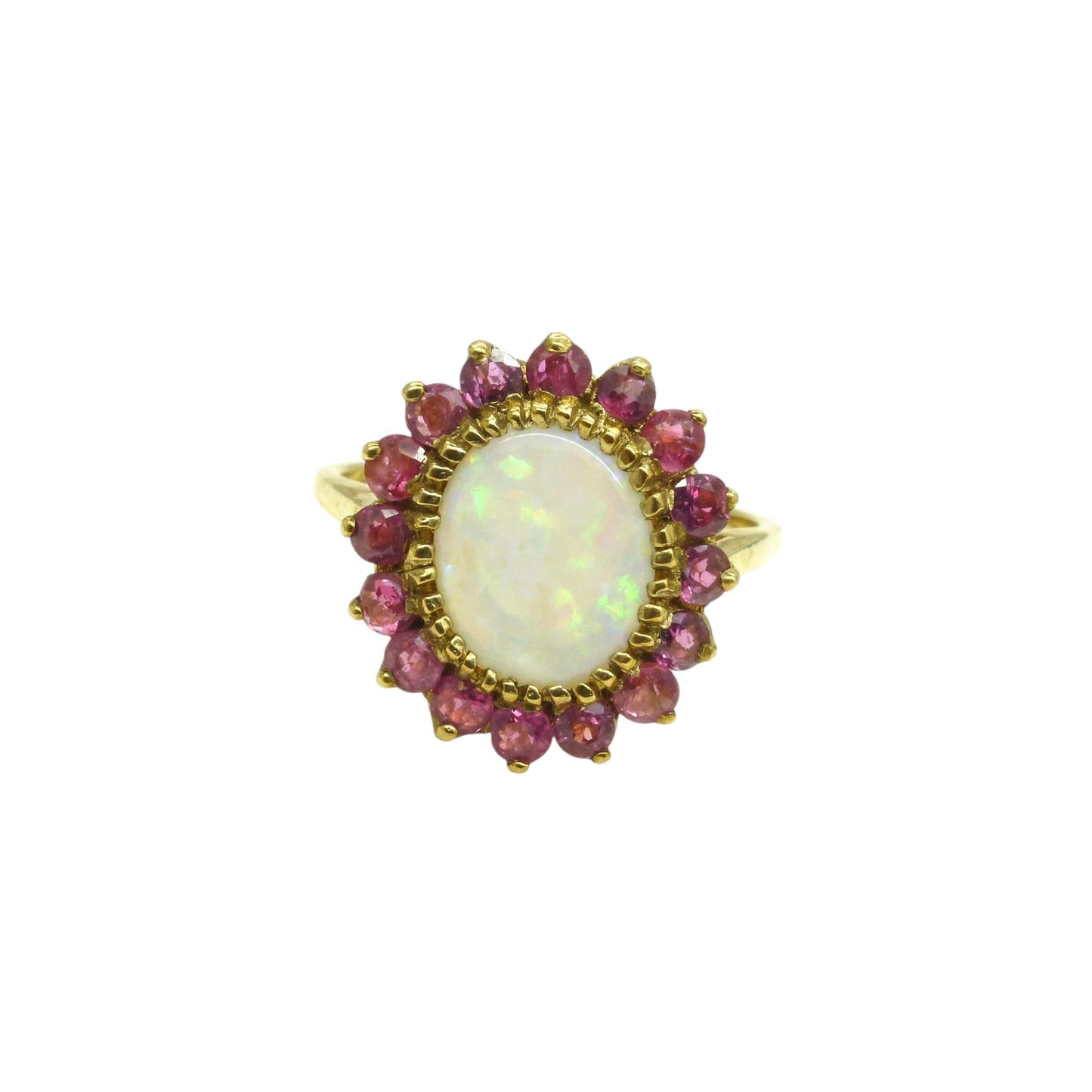 Vintage 9ct gold opal & ruby statement cluster ring ~ English ring 1980's
