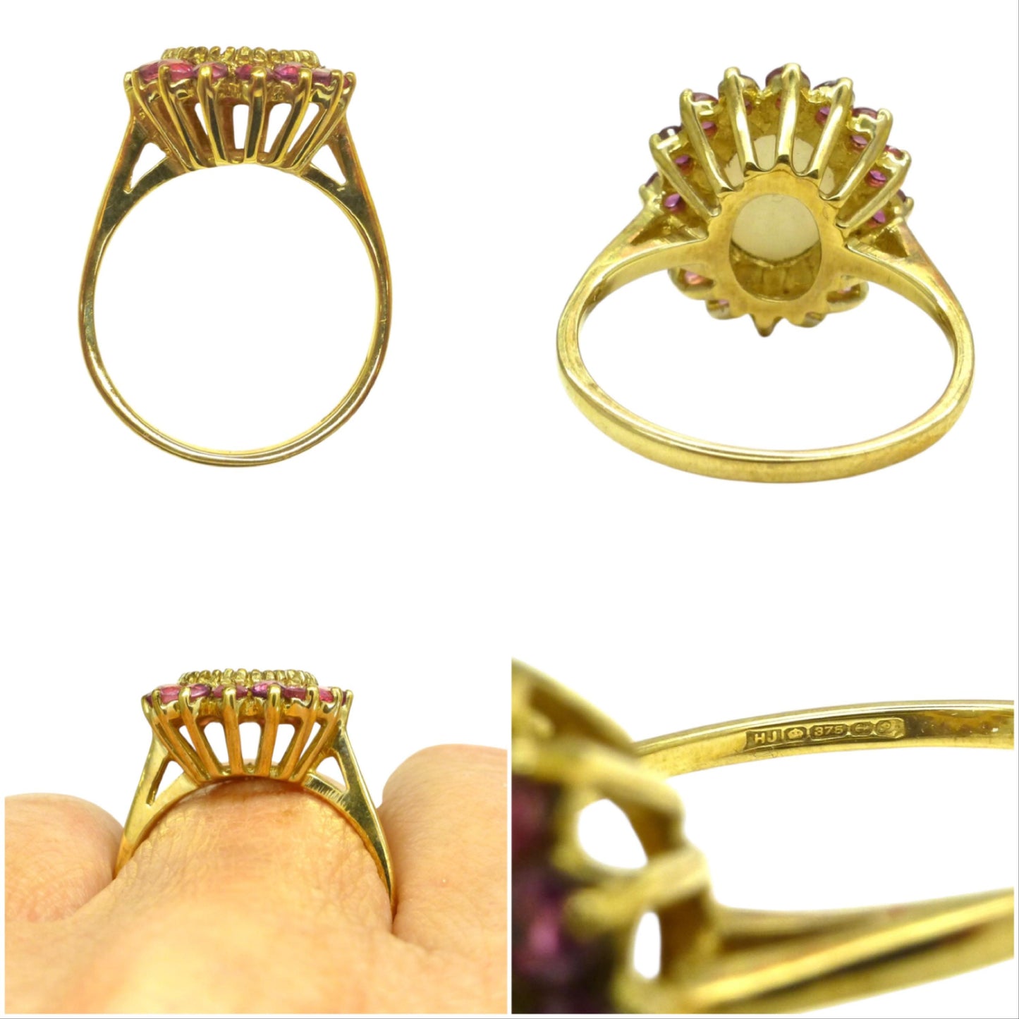 Vintage 9ct gold opal & ruby statement cluster ring ~ English ring 1980's