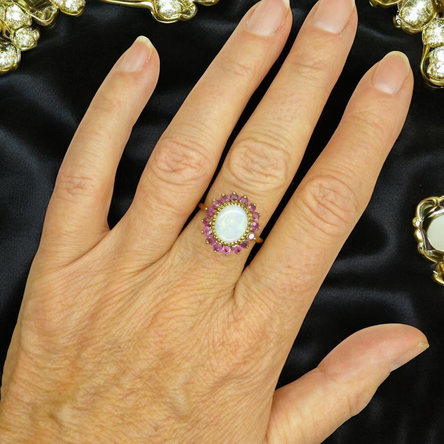 Vintage 9ct gold opal & ruby statement cluster ring ~ English ring 1980's