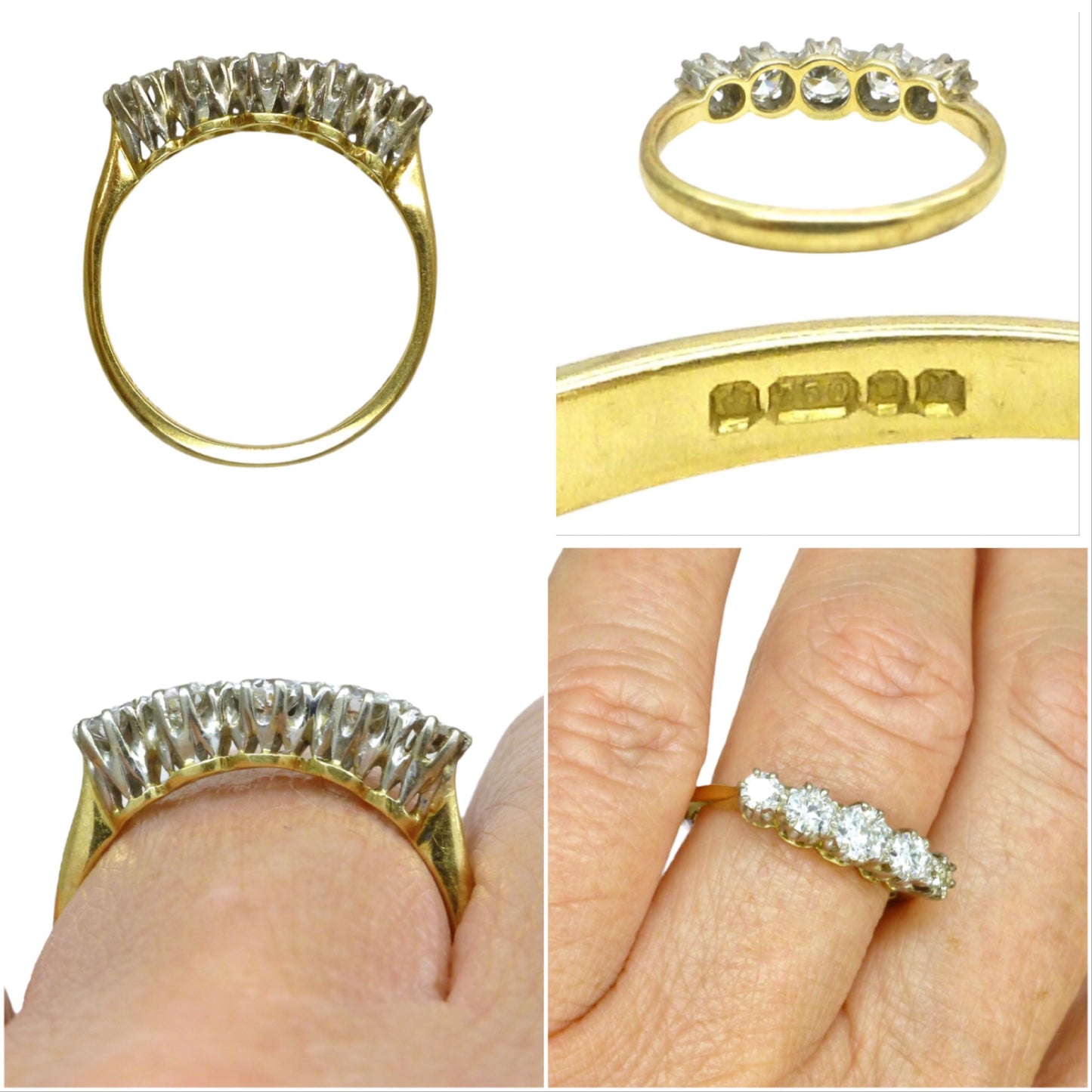 Vintage 18ct gold natural brilliant cut diamond five stone ring 0.75ct