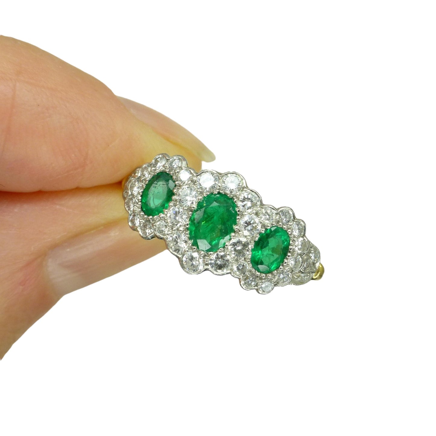 Vintage 18ct gold Emerald & Diamond triple daisy cluster ring ~ With Valuation