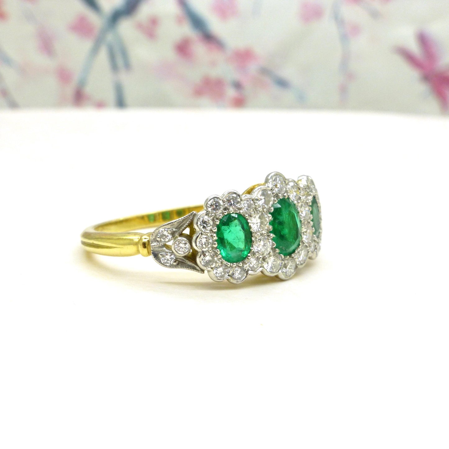 Vintage 18ct gold Emerald & Diamond triple daisy cluster ring ~ With Valuation