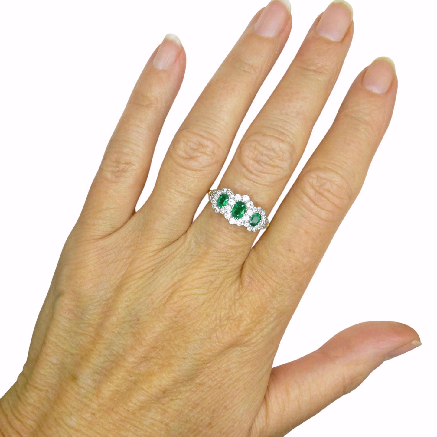 Vintage 18ct gold Emerald & Diamond triple daisy cluster ring ~ With Valuation