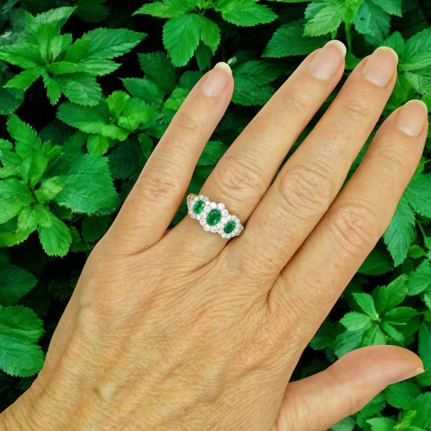 Vintage 18ct gold Emerald & Diamond triple daisy cluster ring ~ With Valuation