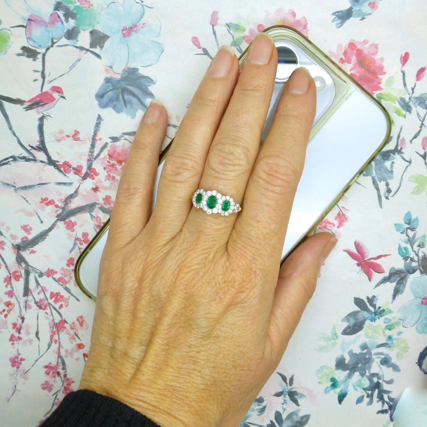 Vintage 18ct gold Emerald & Diamond triple daisy cluster ring ~ With Valuation