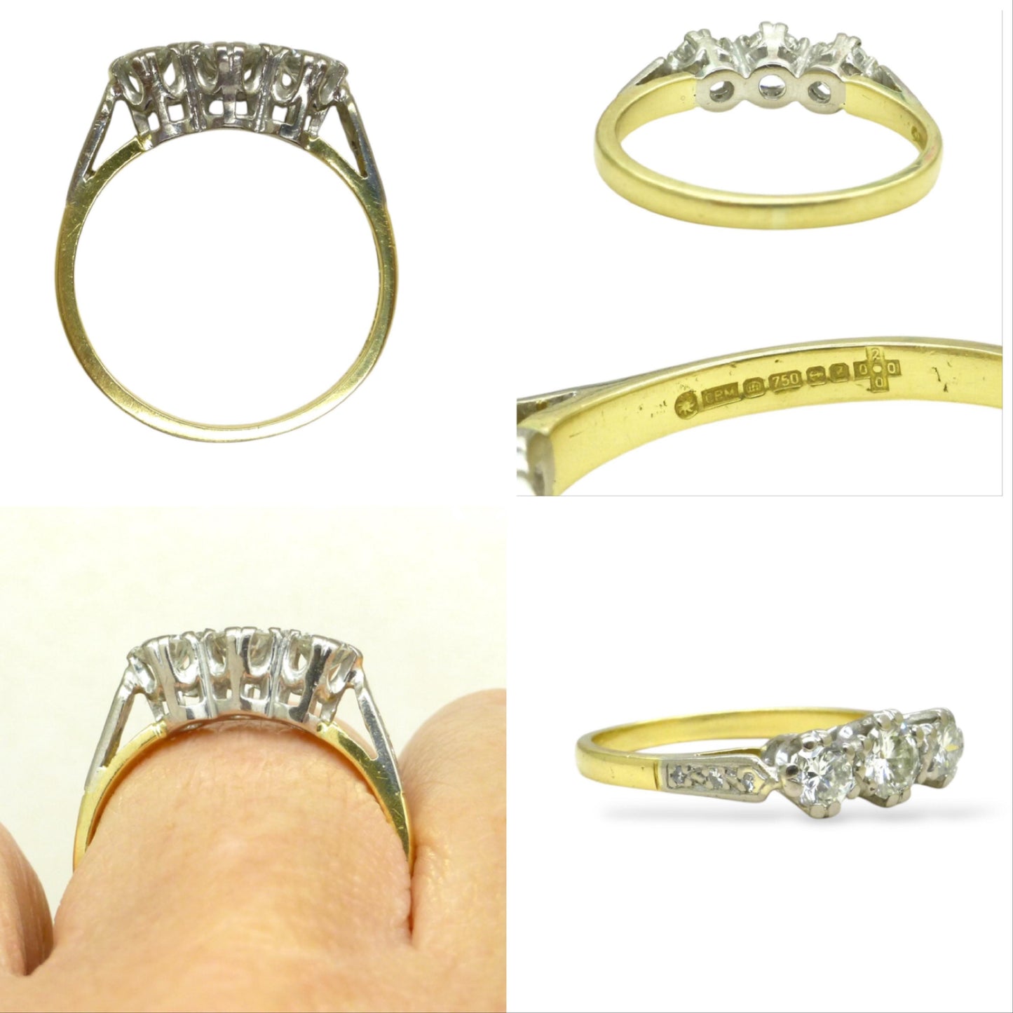 Vintage 18ct natural diamond three stone trilogy ring 0.75ct ~ Millennium Hallmark