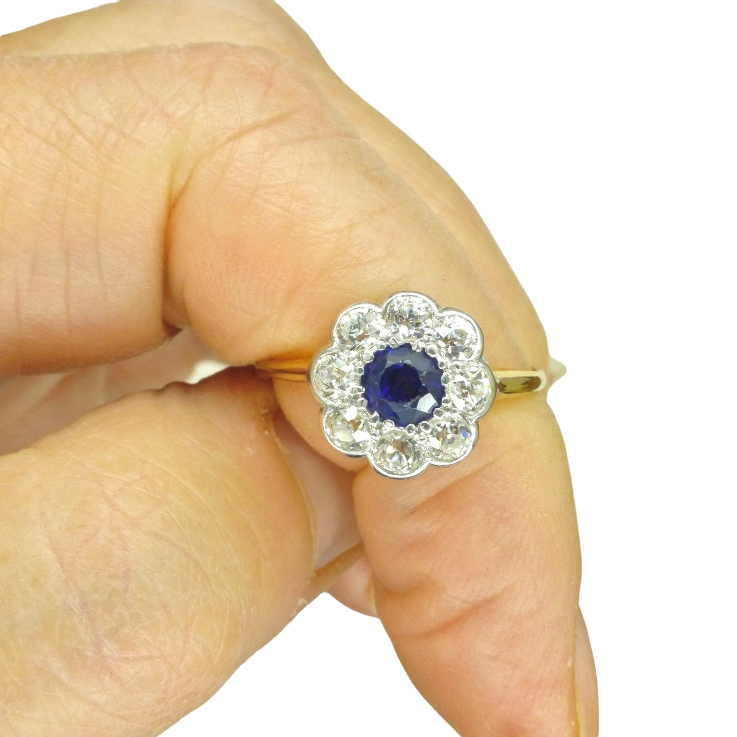 Antique 18ct sapphire & old cut diamond daisy cluster ring 1910's