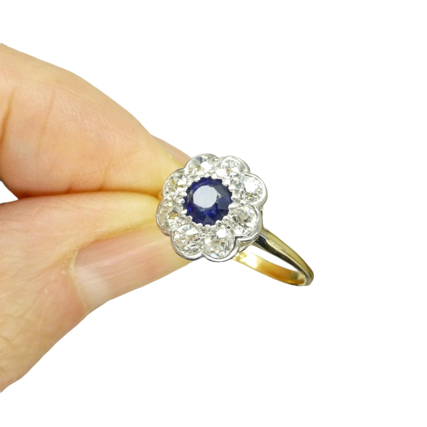 Antique 18ct sapphire & old cut diamond daisy cluster ring 1910's