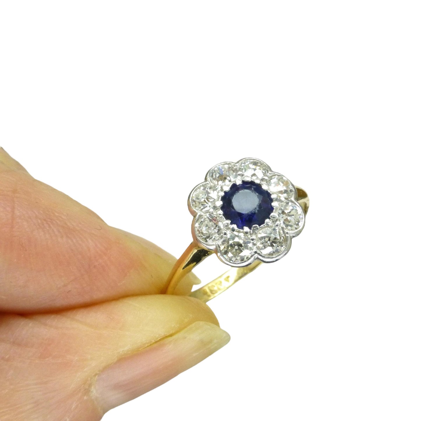 Antique 18ct sapphire & old cut diamond daisy cluster ring 1910's