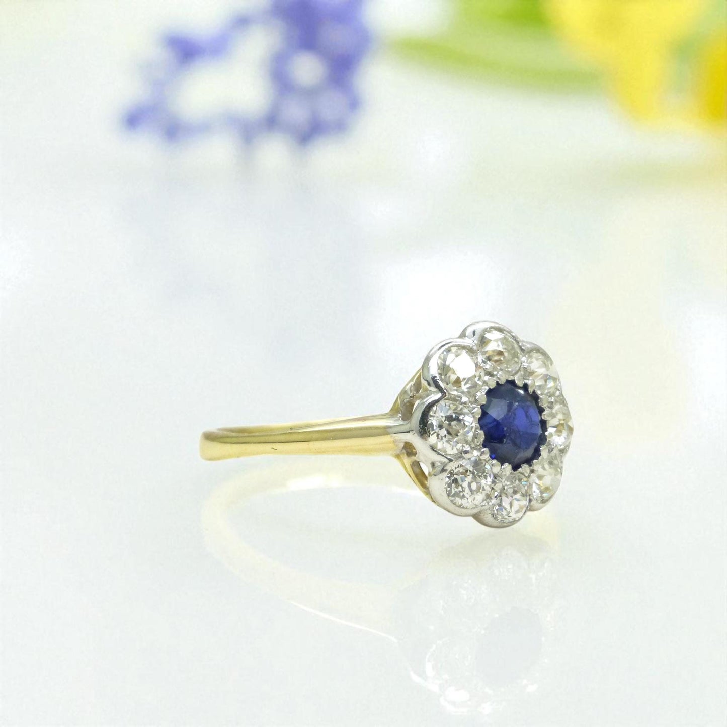 Antique 18ct sapphire & old cut diamond daisy cluster ring 1910's