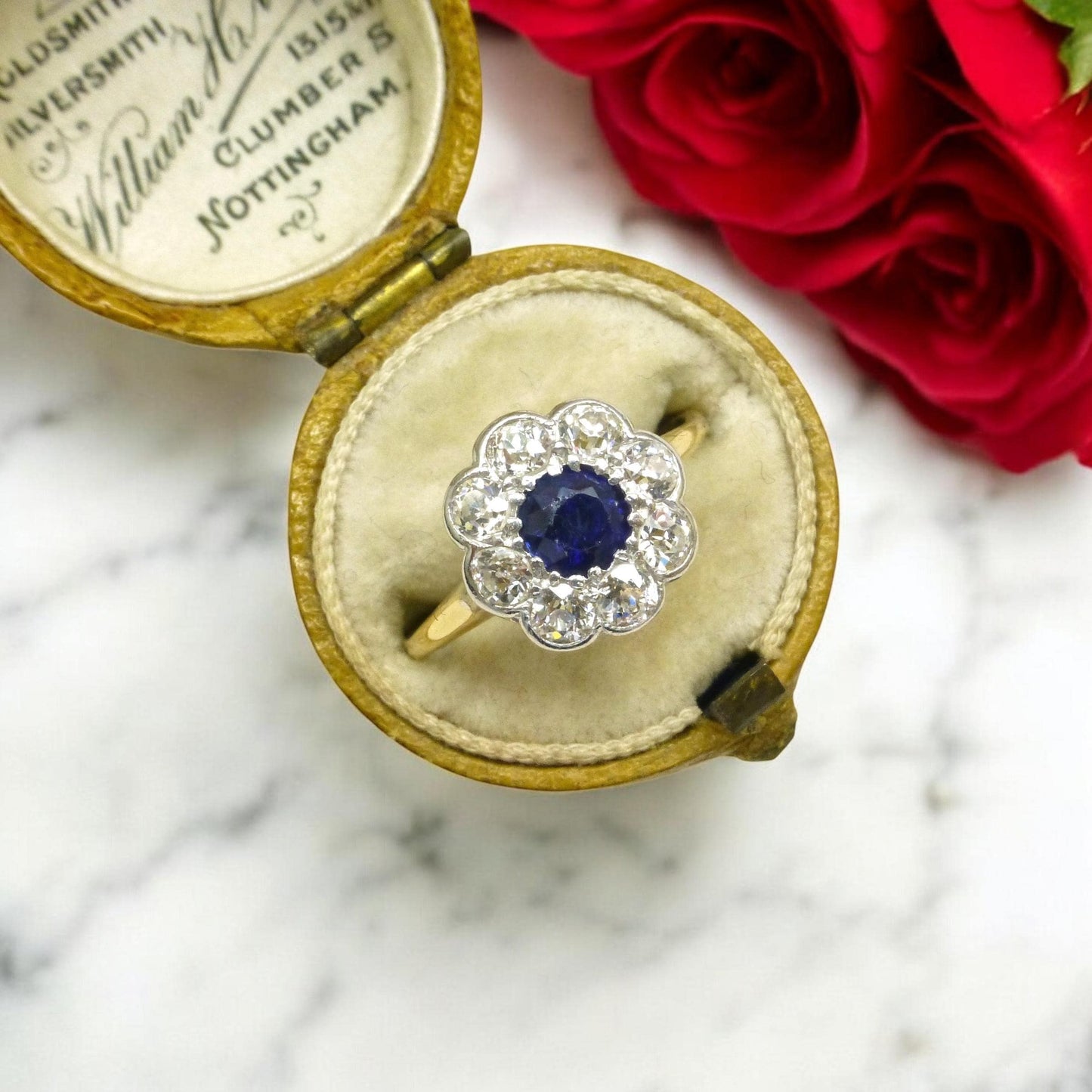 Antique 18ct sapphire & old cut diamond daisy cluster ring 1910's