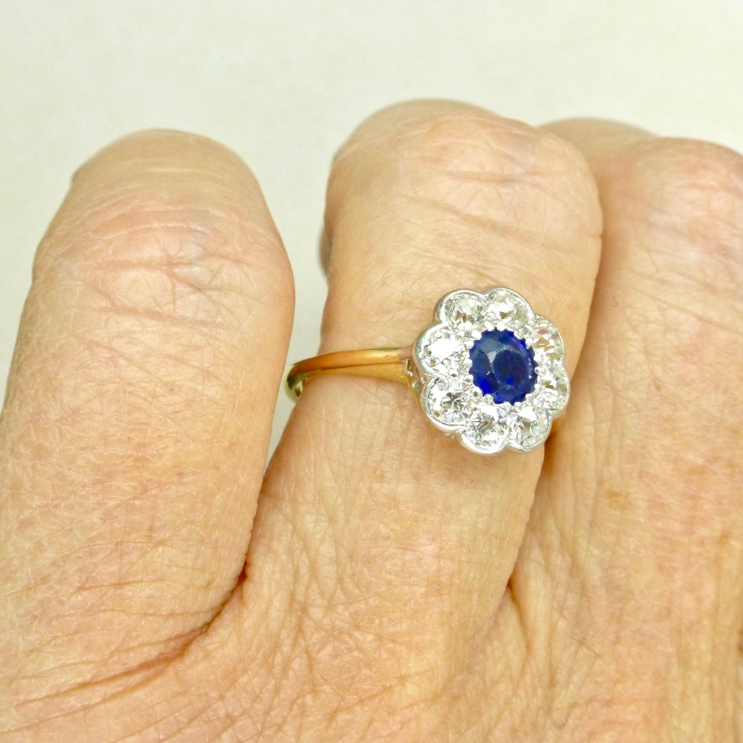Antique 18ct sapphire & old cut diamond daisy cluster ring 1910's