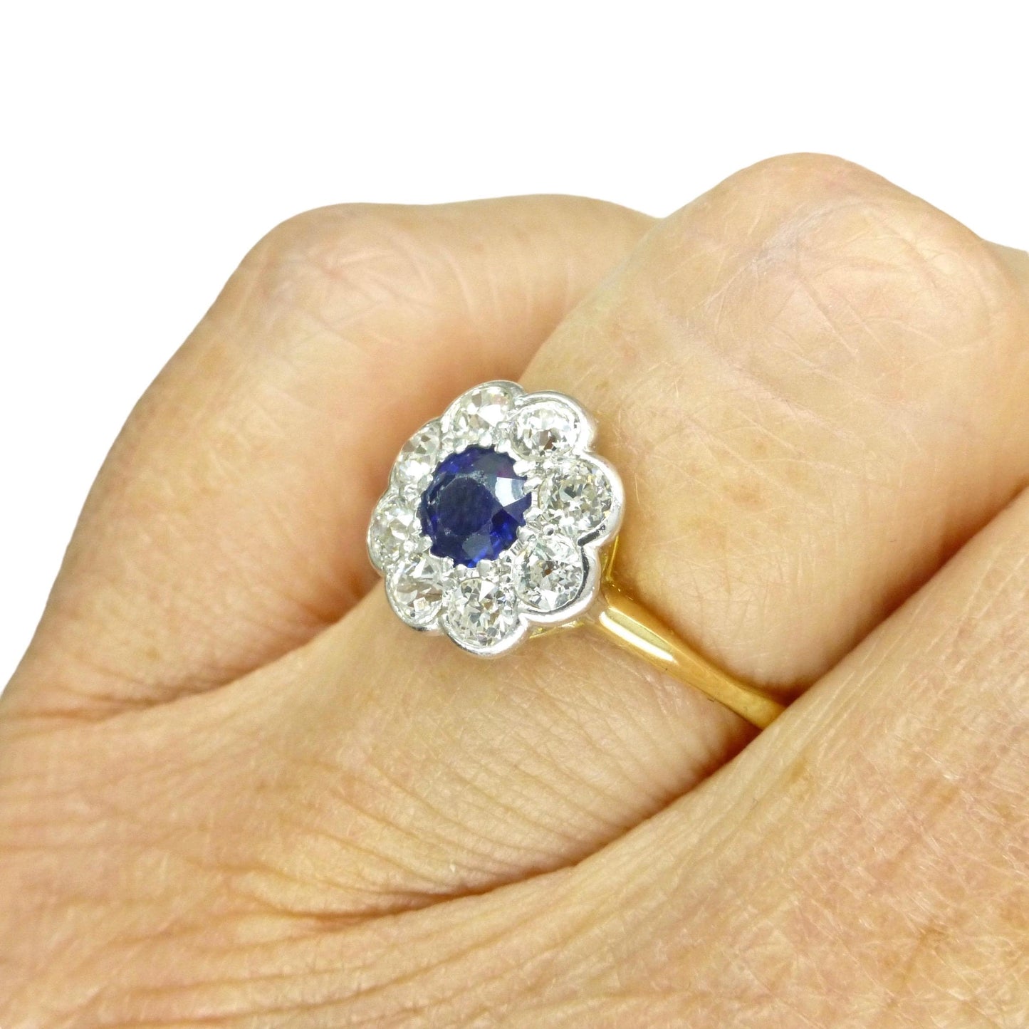 Antique 18ct sapphire & old cut diamond daisy cluster ring 1910's