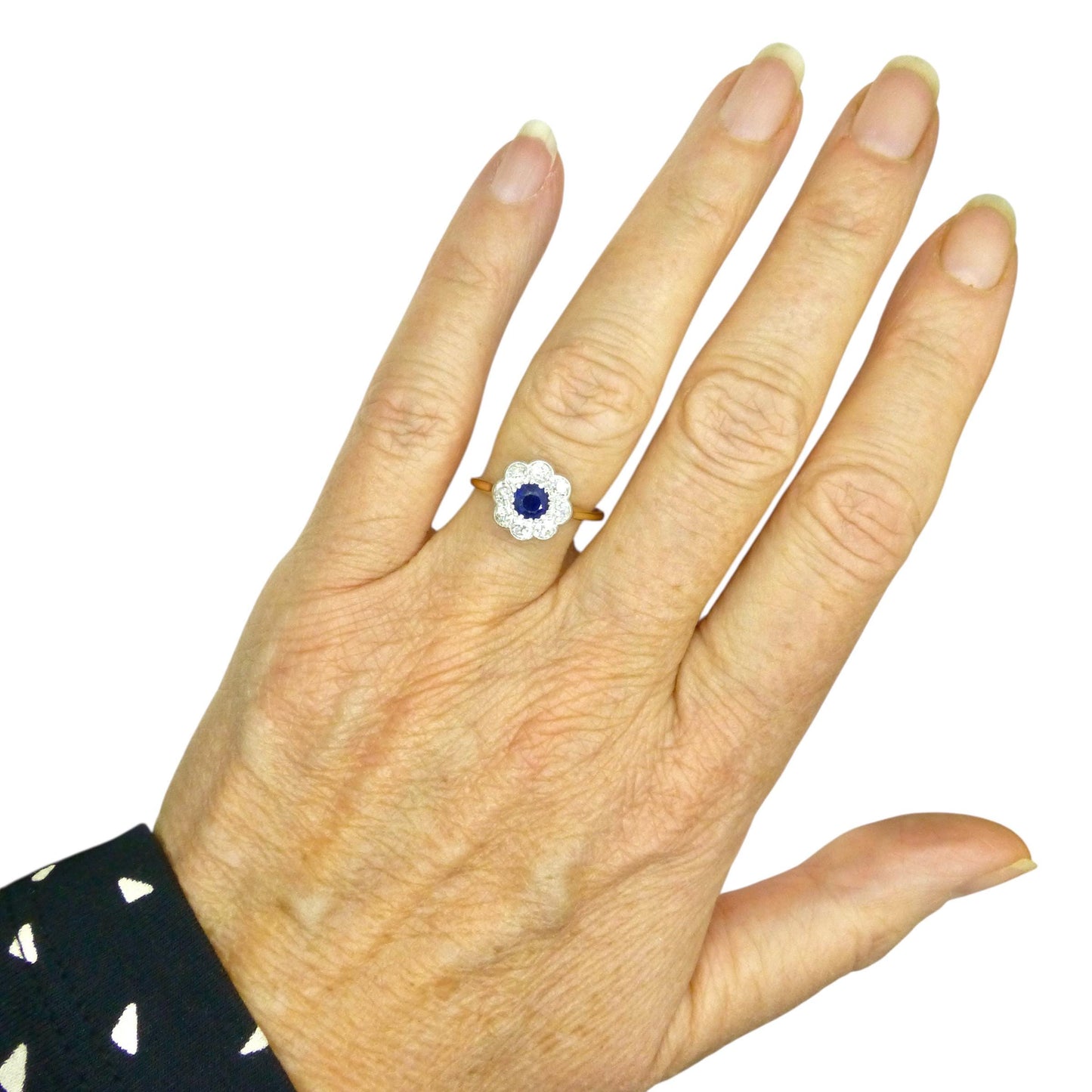 Antique 18ct sapphire & old cut diamond daisy cluster ring 1910's