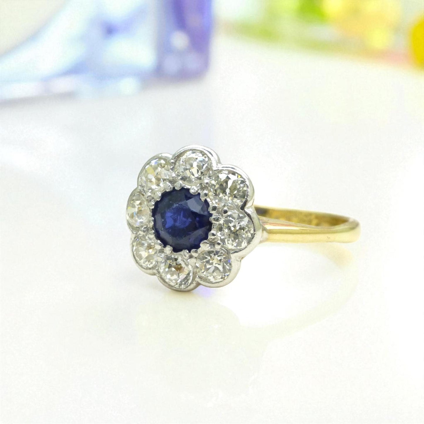 Antique 18ct sapphire & old cut diamond daisy cluster ring 1910's