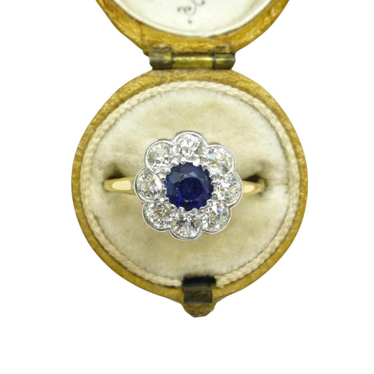 Antique 18ct sapphire & old cut diamond daisy cluster ring 1910's