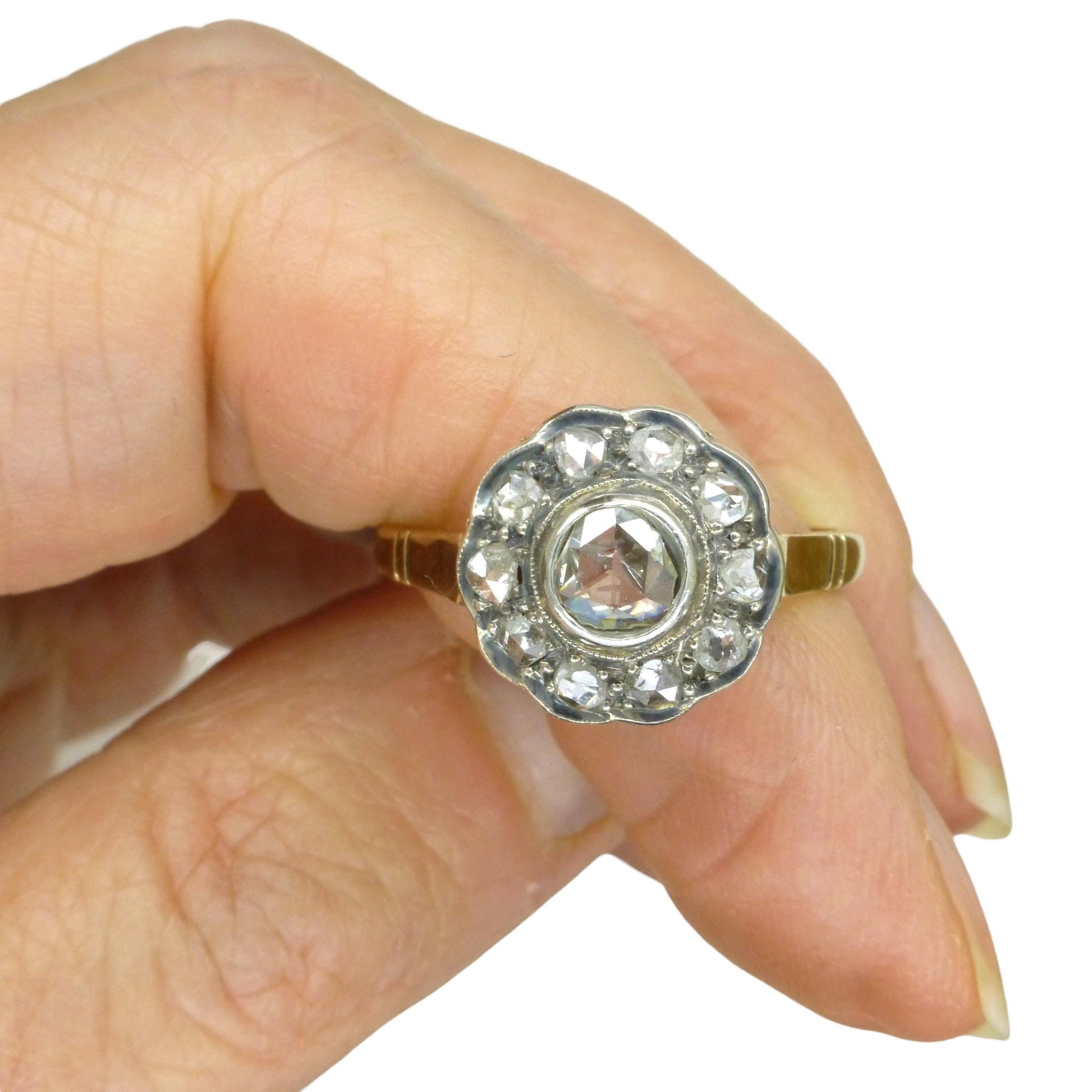 Antique Gold and old Rose cut diamond halo cluster ring