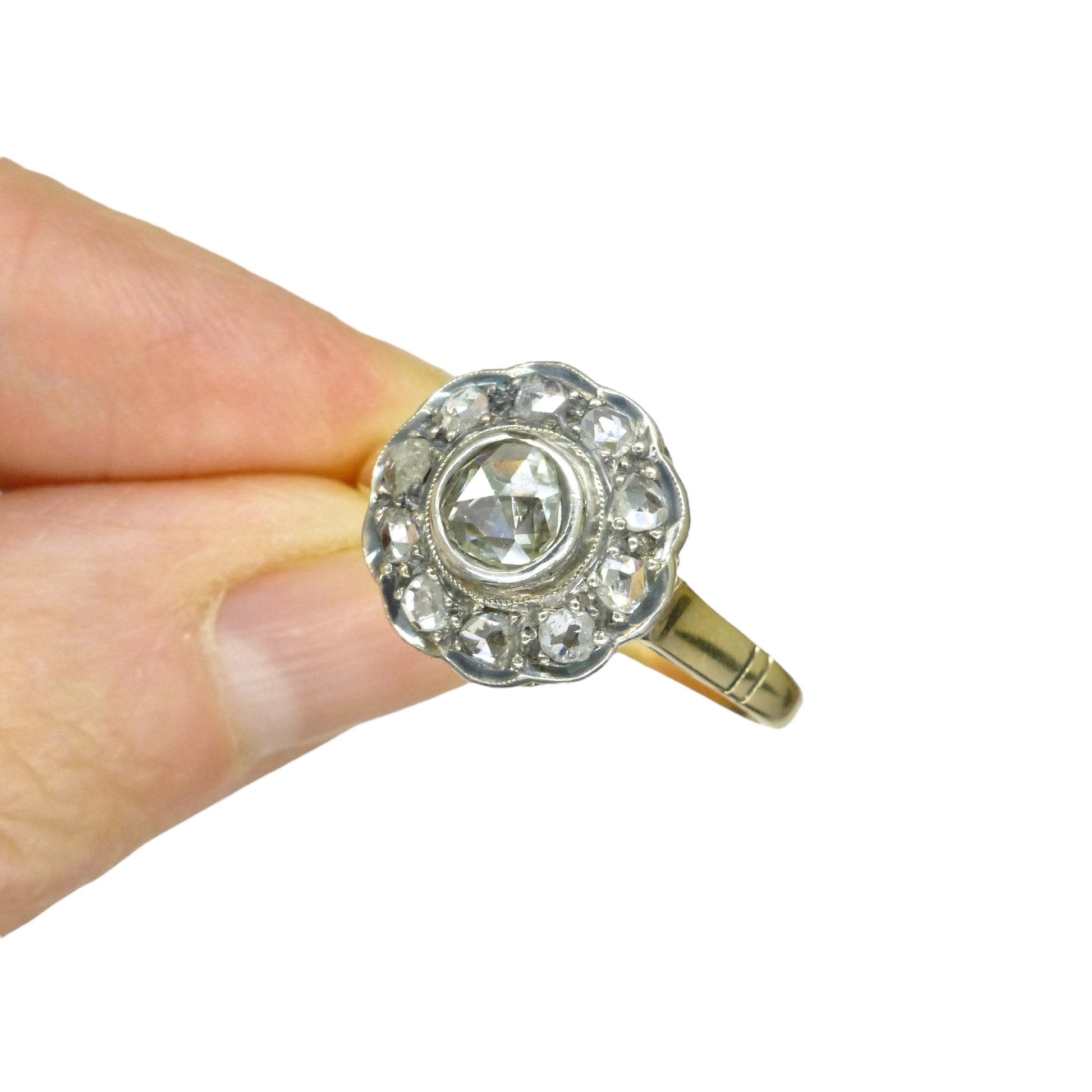 Antique Gold and old Rose cut diamond halo cluster ring