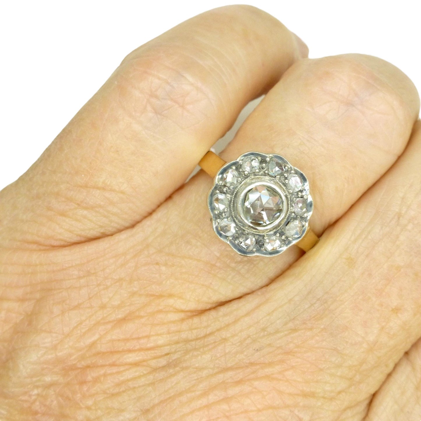 Antique Gold and old Rose cut diamond halo cluster ring