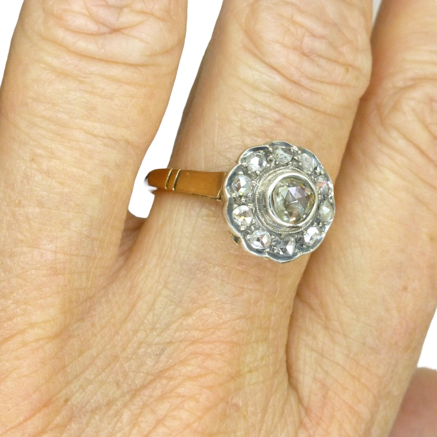 Antique Gold and old Rose cut diamond halo cluster ring