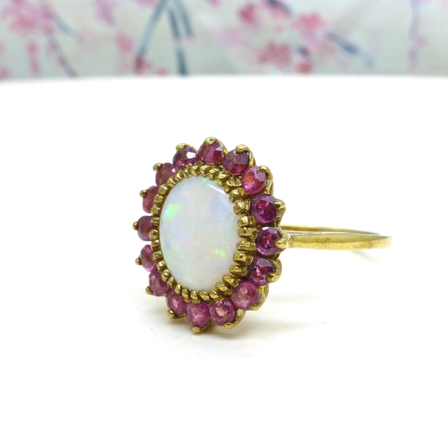 Vintage 9ct gold opal & ruby statement cluster ring ~ English ring 1980's