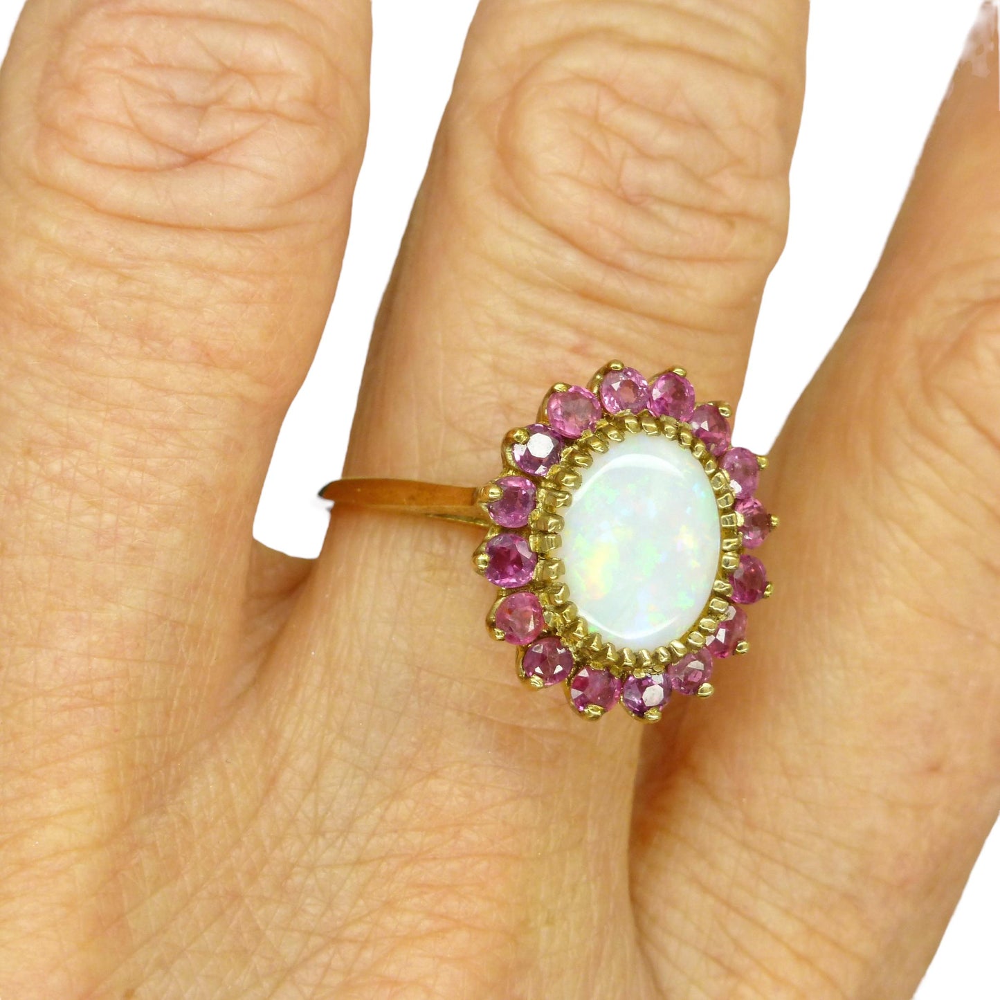 Vintage 9ct gold opal & ruby statement cluster ring ~ English ring 1980's