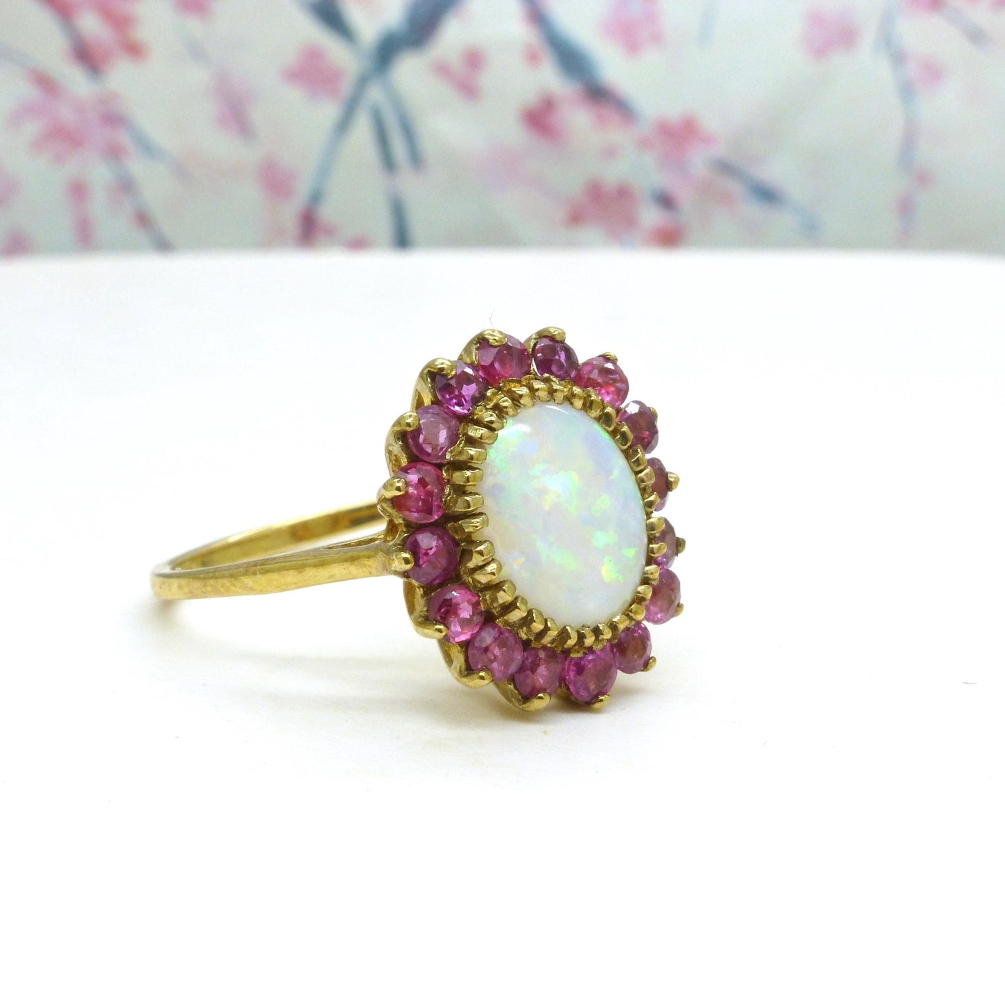 Vintage 9ct gold opal & ruby statement cluster ring ~ English ring 1980's