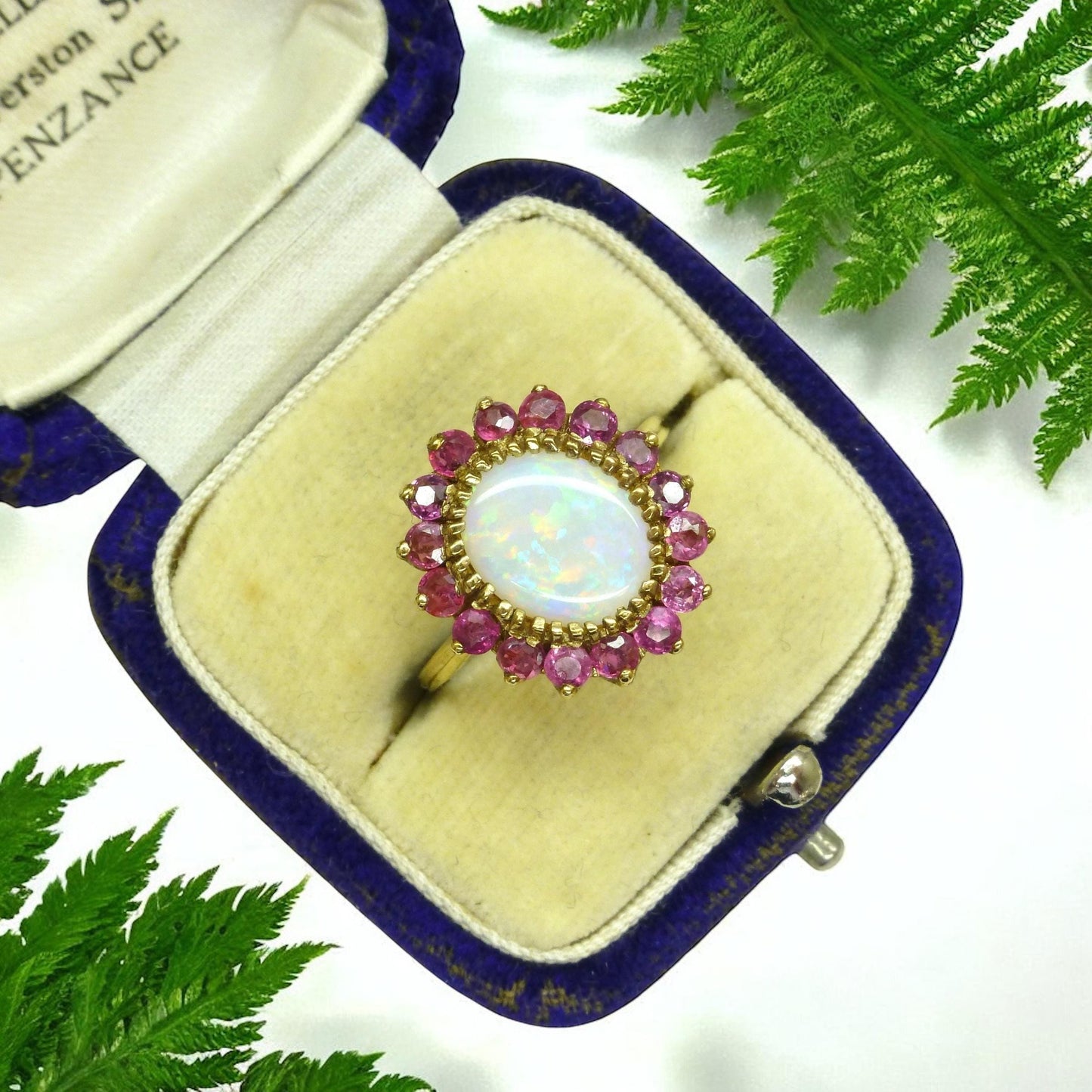 Vintage 9ct gold opal & ruby statement cluster ring ~ English ring 1980's