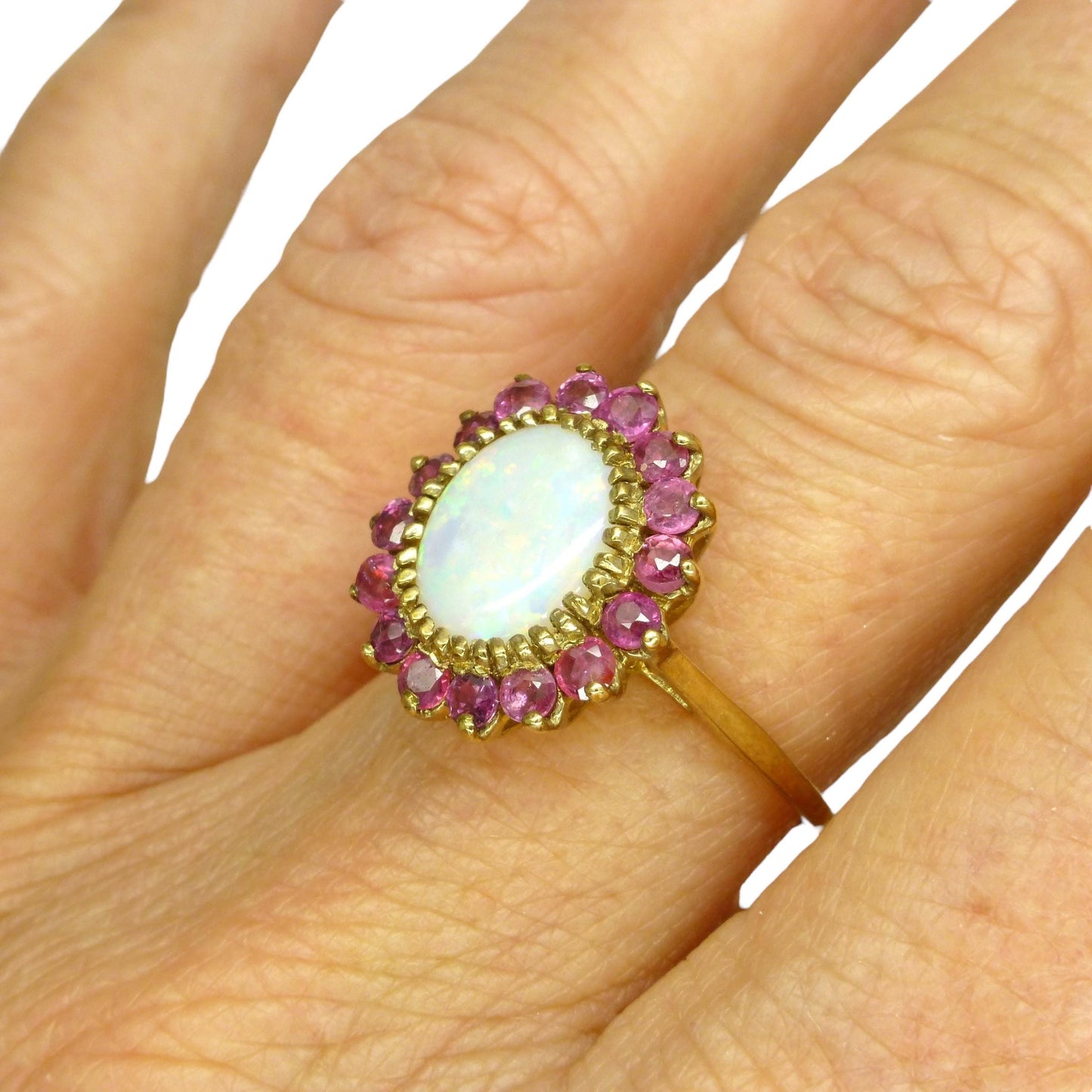 Vintage 9ct gold opal & ruby statement cluster ring ~ English ring 1980's