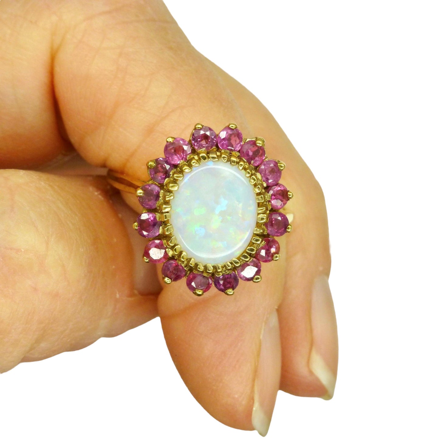 Vintage 9ct gold opal & ruby statement cluster ring ~ English ring 1980's