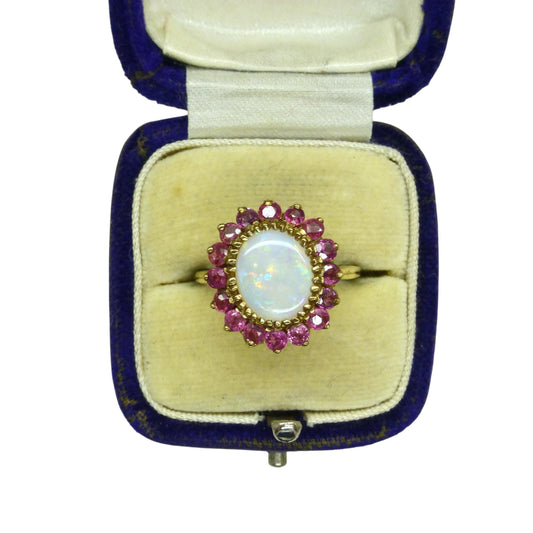 Vintage 9ct gold opal & ruby statement cluster ring ~ English ring 1980's