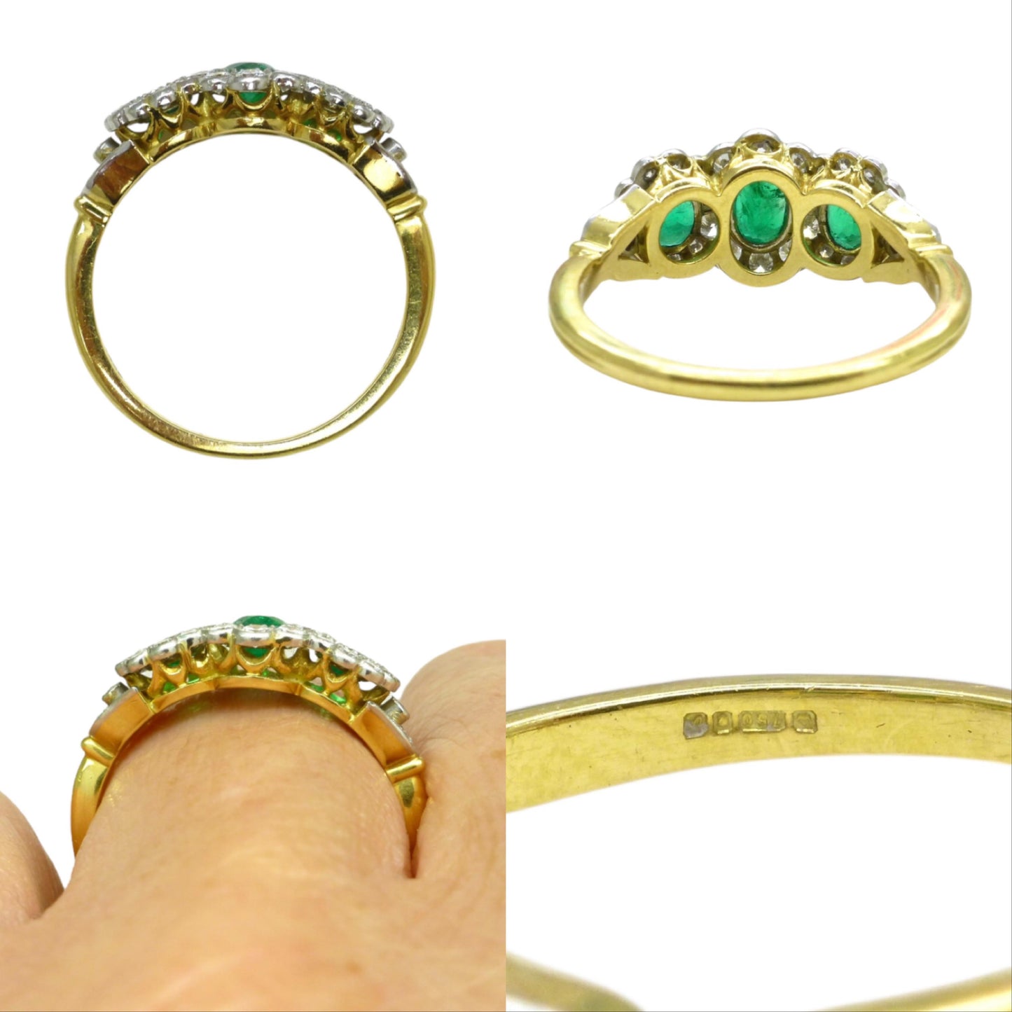 Vintage 18ct gold Emerald & Diamond triple daisy cluster ring ~ With Valuation