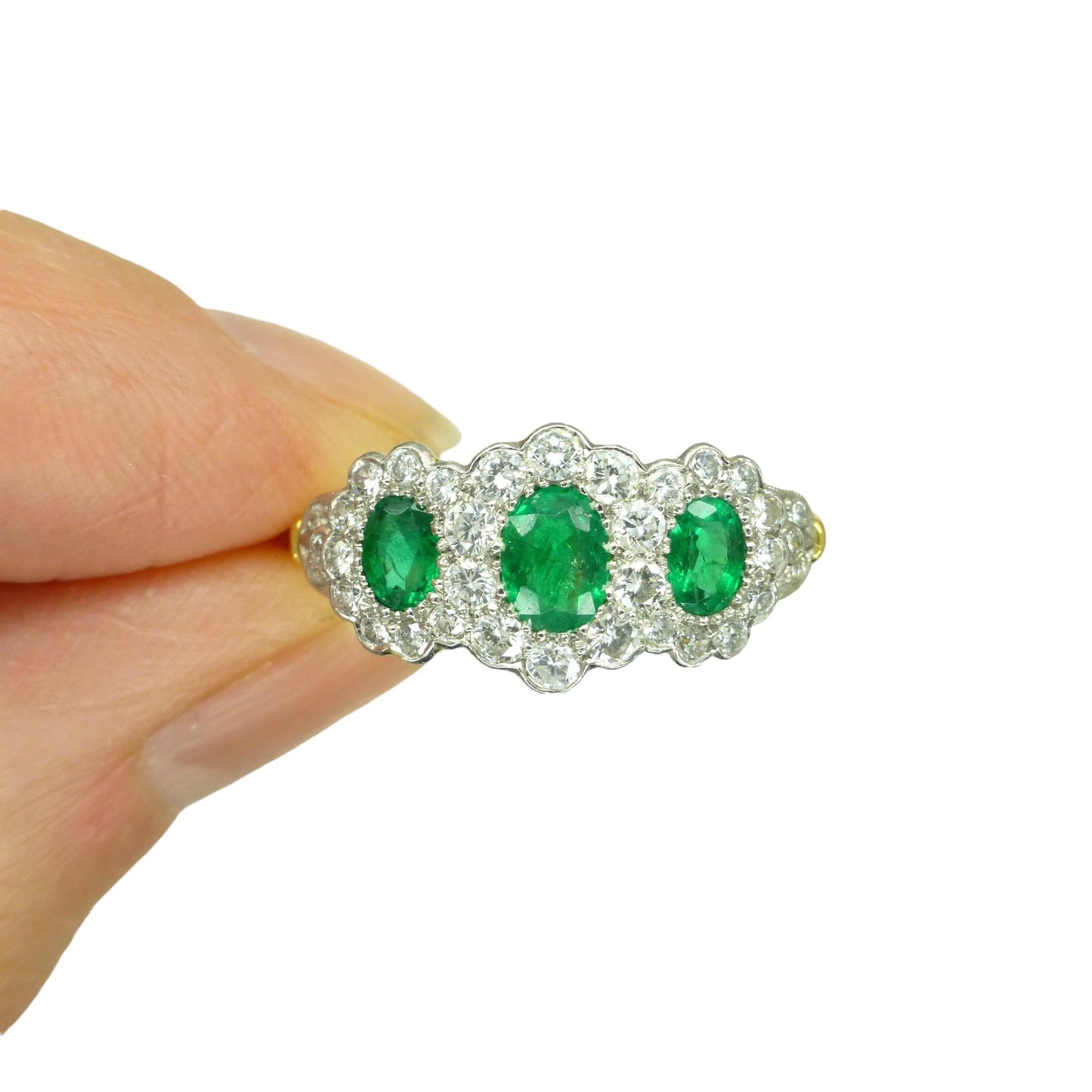 Vintage 18ct gold Emerald & Diamond triple daisy cluster ring ~ With Valuation