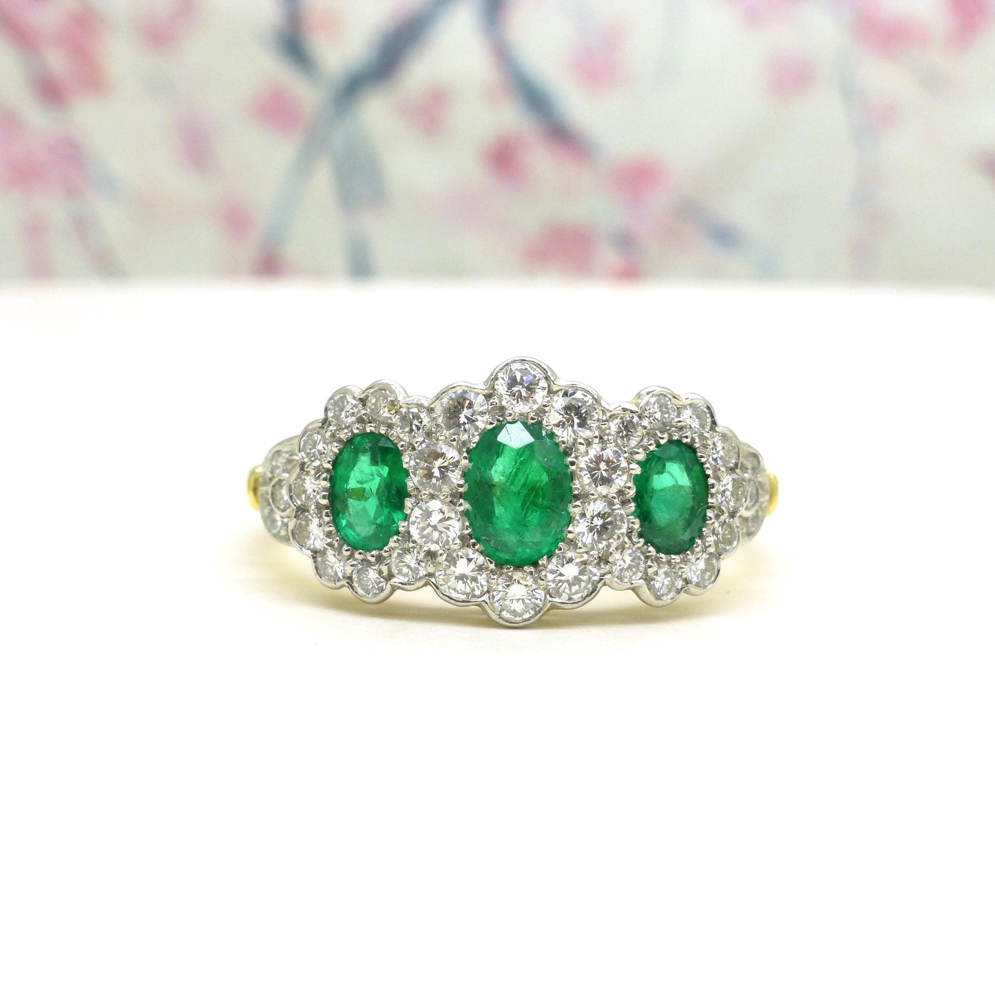 Vintage 18ct gold Emerald & Diamond triple daisy cluster ring ~ With Valuation