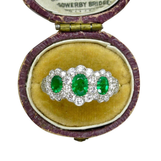 Vintage 18ct gold Emerald & Diamond triple daisy cluster ring ~ With Valuation