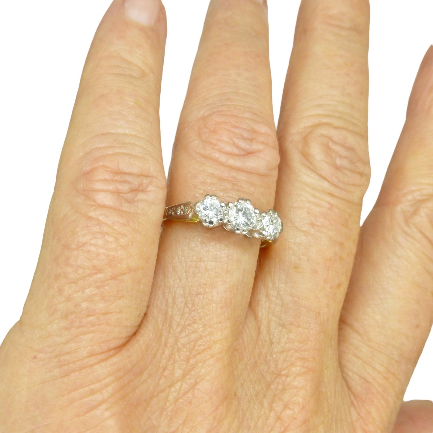 Vintage 18ct natural diamond three stone trilogy ring 0.75ct ~ Millennium Hallmark