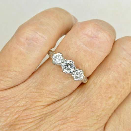 Vintage 18ct natural diamond three stone trilogy ring 0.75ct ~ Millennium Hallmark